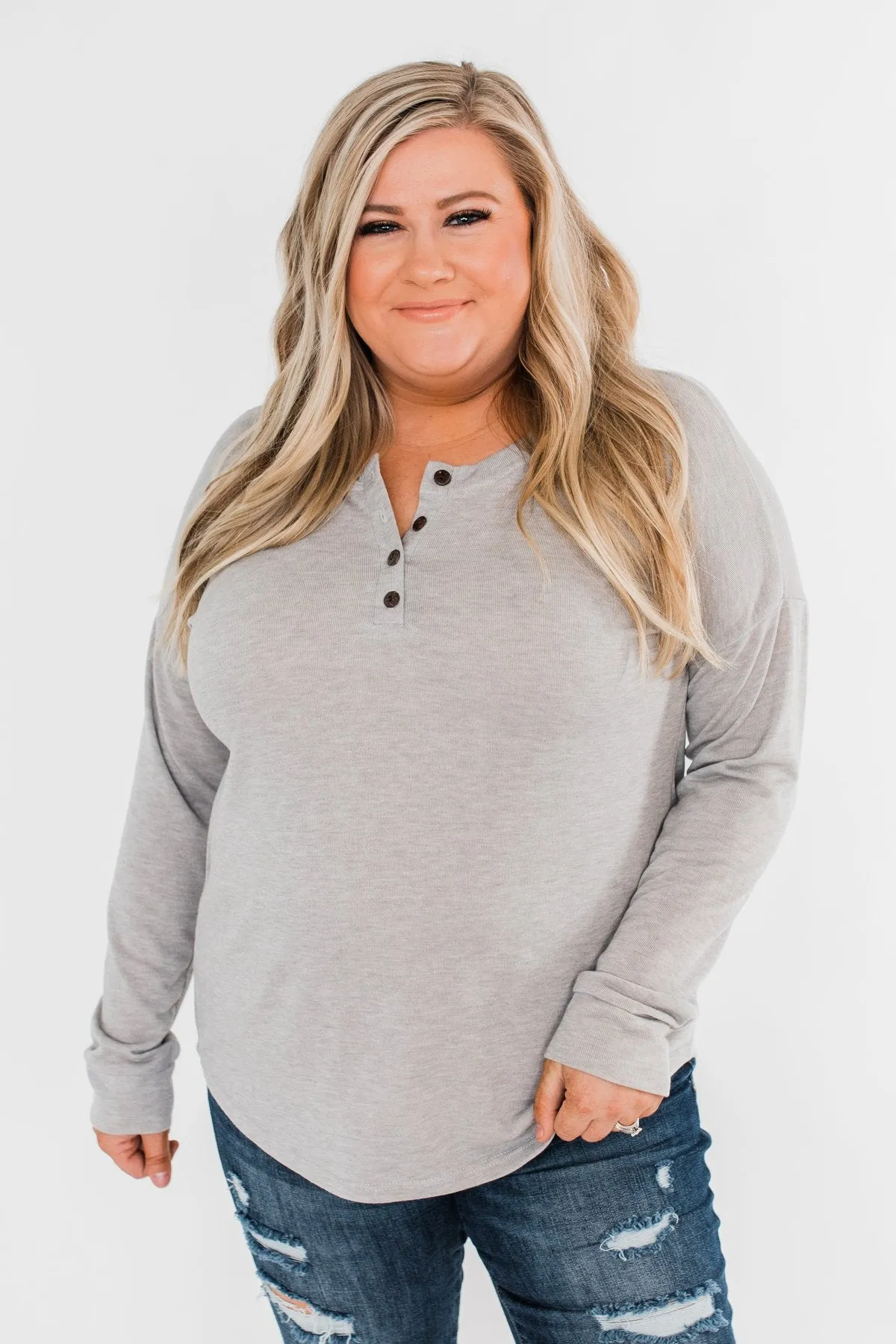 Cozy & Warm 4 Button Henley Top- Heather Gray