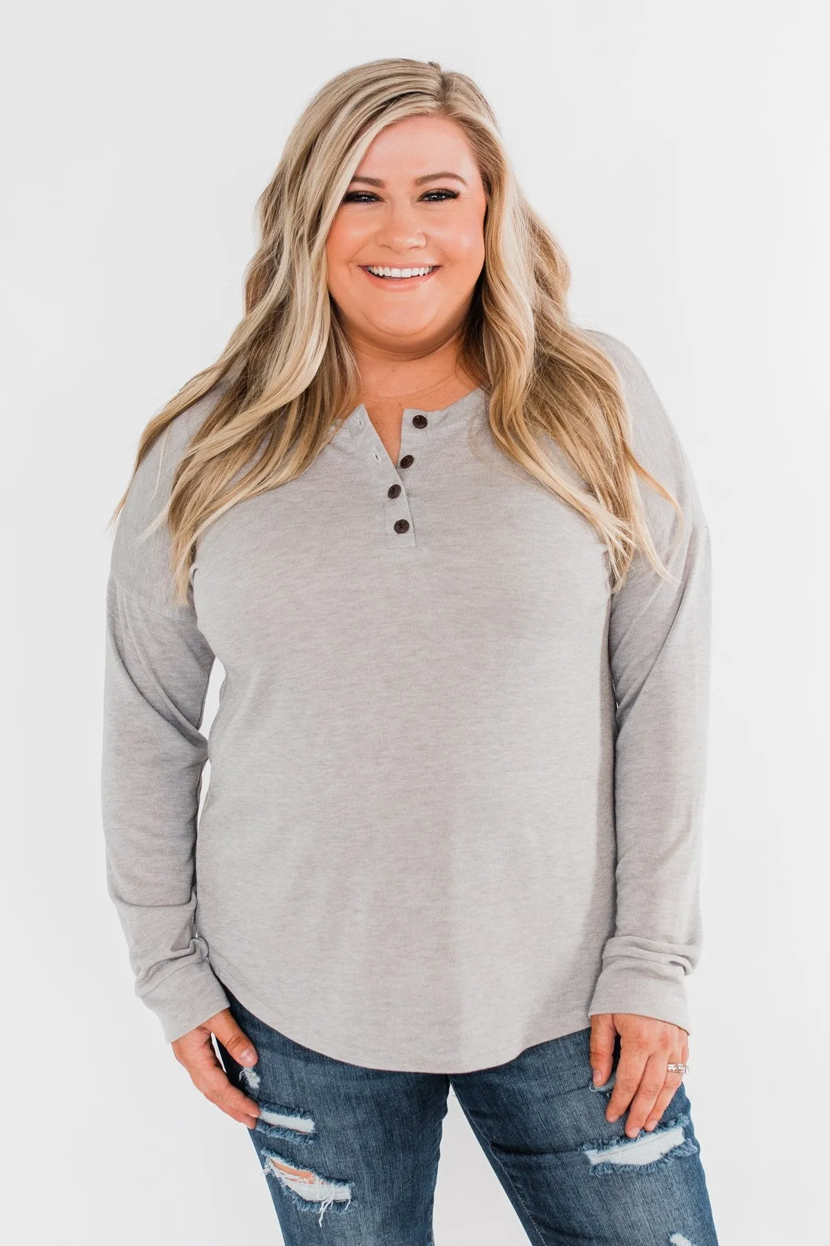 Cozy & Warm 4 Button Henley Top- Heather Gray