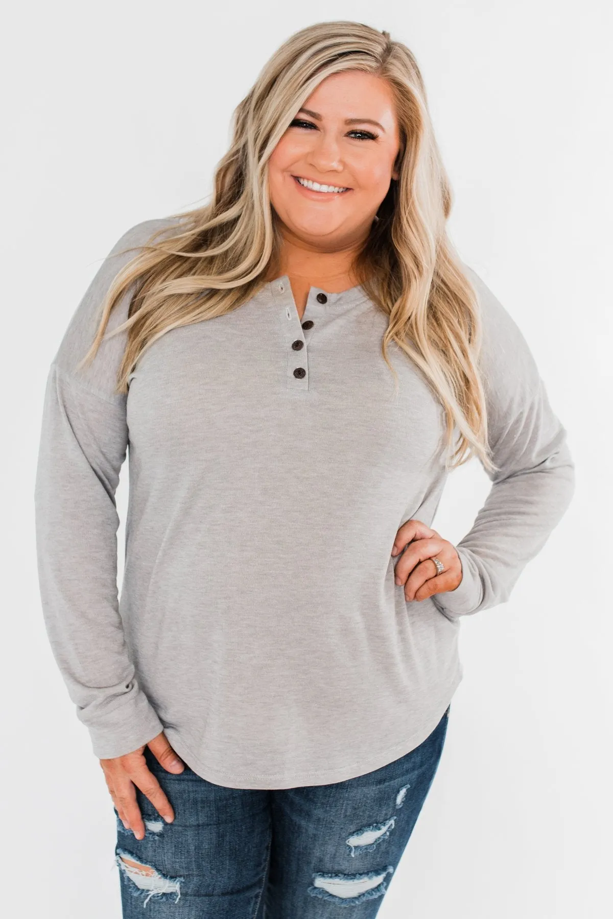 Cozy & Warm 4 Button Henley Top- Heather Gray