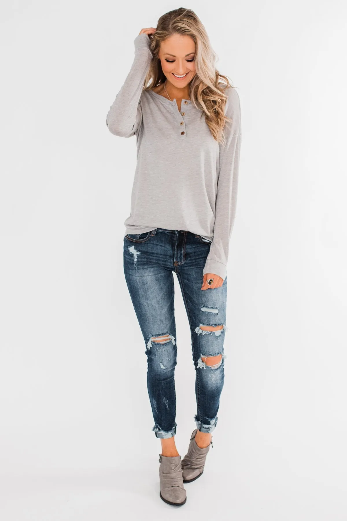 Cozy & Warm 4 Button Henley Top- Heather Gray