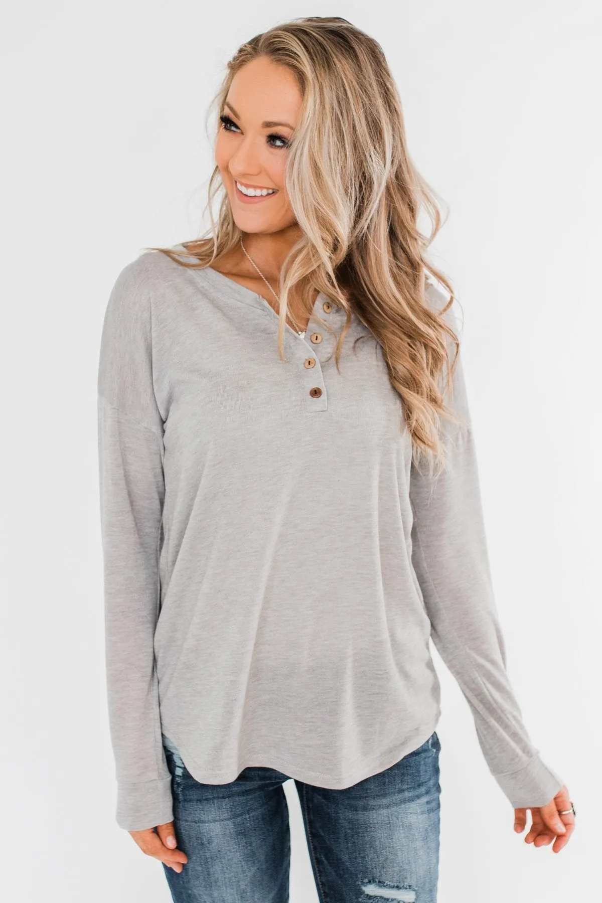 Cozy & Warm 4 Button Henley Top- Heather Gray