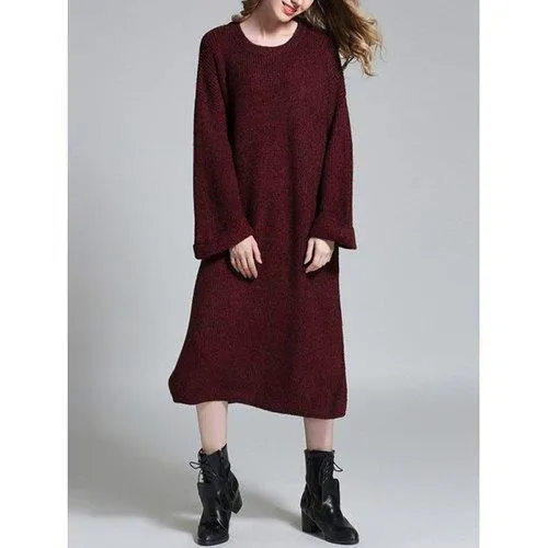 Crew Neck Long Slit Shift Sweater Dress - Wine Red One Size