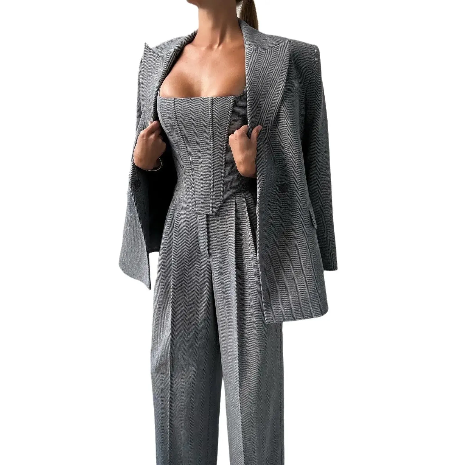 Crisp Fishbone Suit - Womens Fashion Outfit
