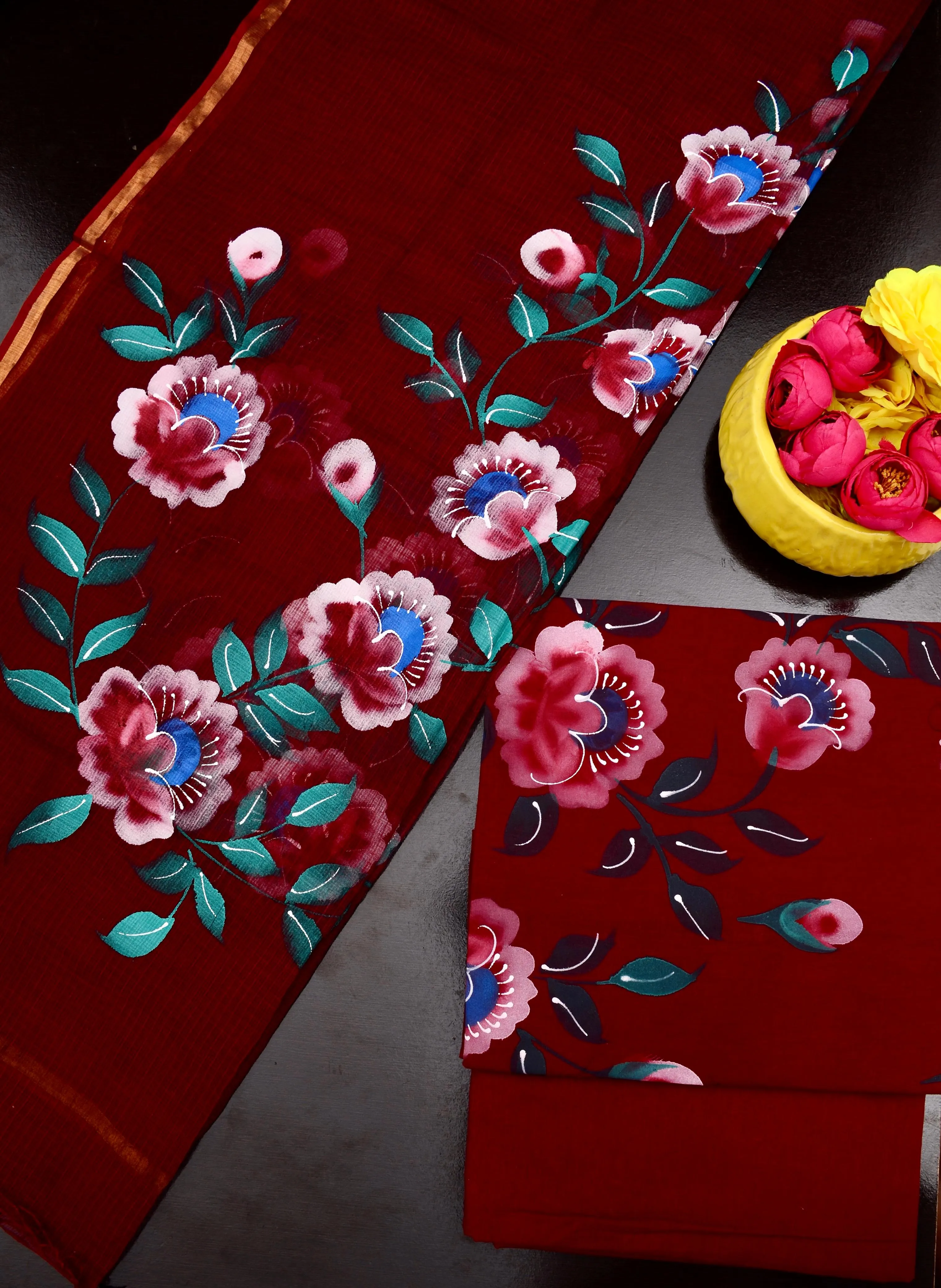 Deep Maroon Hand Painted Cotton Kota Doria Suit With Dupatta