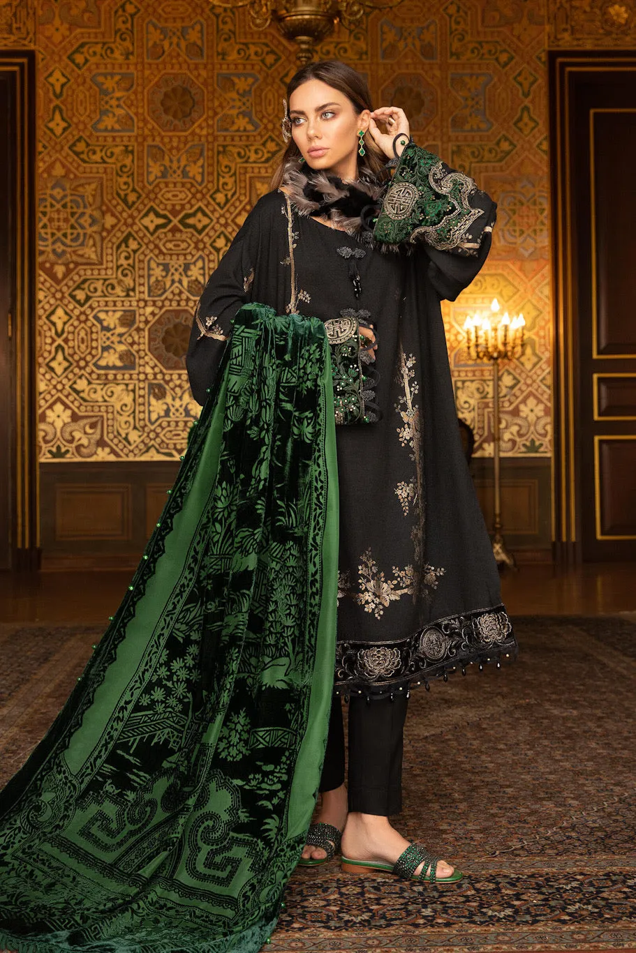 DL-907-Black and Emerald Green | Maria B Winter Linen Unstitched Collection 2021 | Unstitched Embroidered Linen Suits