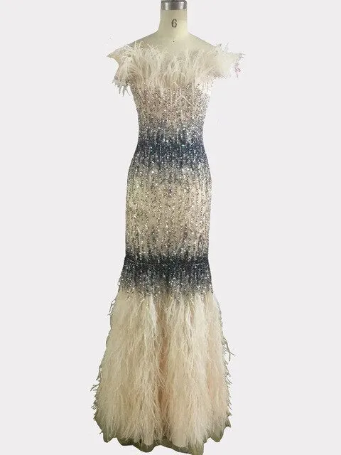 Dubai Design Grey Luxury Sexy Evening Dresses Crystal Feathers Off Shoulder Formal Dress
