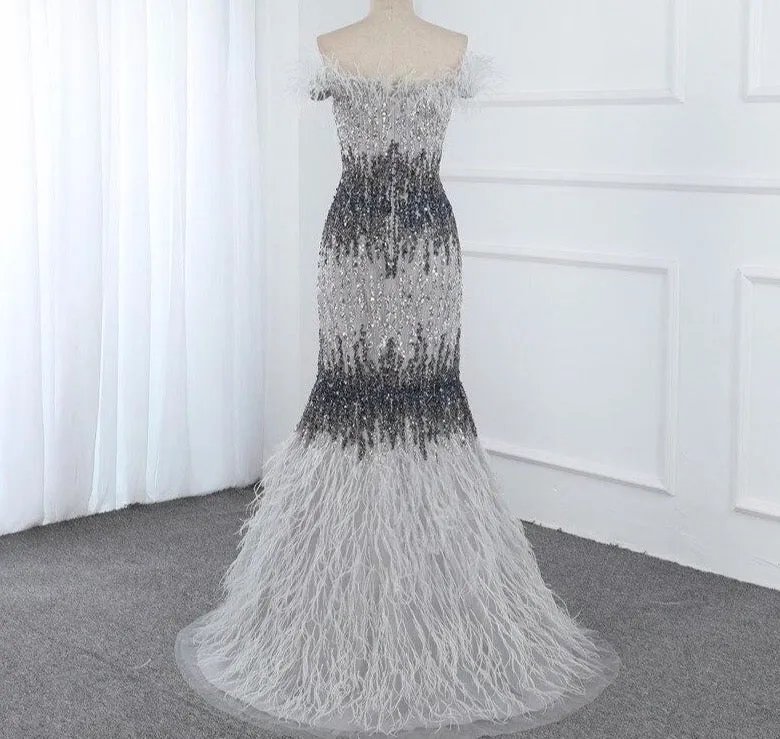 Dubai Design Grey Luxury Sexy Evening Dresses Crystal Feathers Off Shoulder Formal Dress