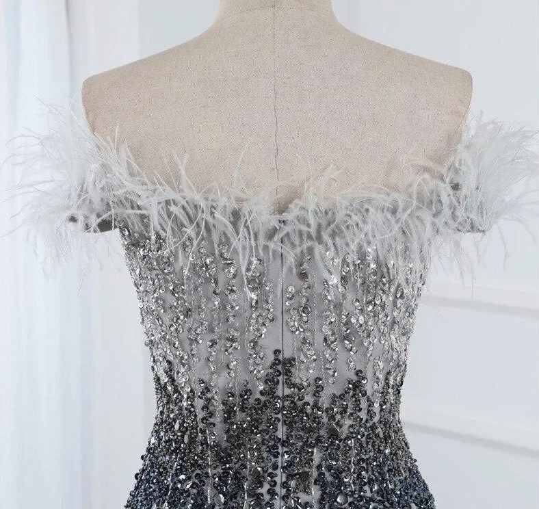 Dubai Design Grey Luxury Sexy Evening Dresses Crystal Feathers Off Shoulder Formal Dress