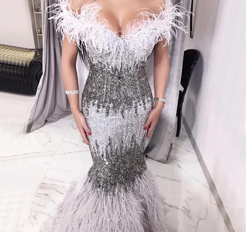 Dubai Design Grey Luxury Sexy Evening Dresses Crystal Feathers Off Shoulder Formal Dress
