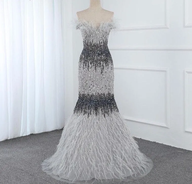 Dubai Design Grey Luxury Sexy Evening Dresses Crystal Feathers Off Shoulder Formal Dress