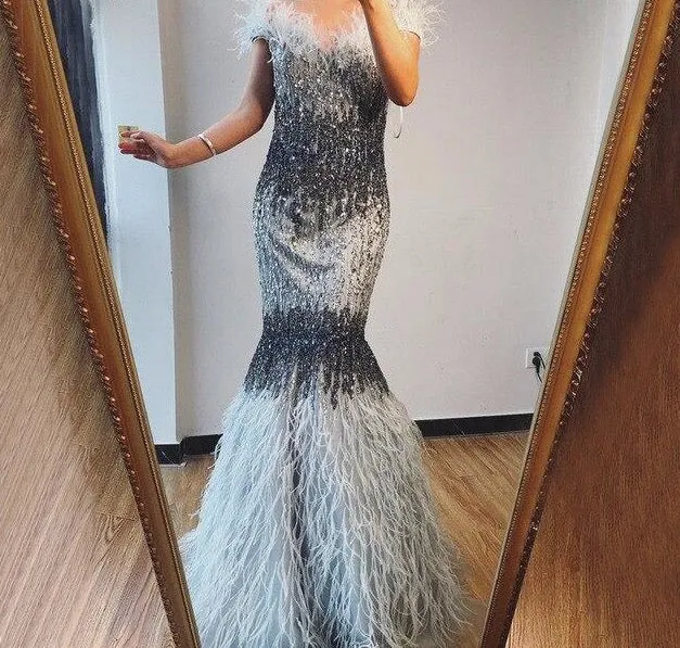 Dubai Design Grey Luxury Sexy Evening Dresses Crystal Feathers Off Shoulder Formal Dress