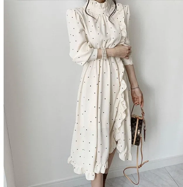 Elegant O-neck ruffle split Printed Women Dress long Sleeve A-line  Female  Dress 2020 Vintage Women Midi Vestidos
