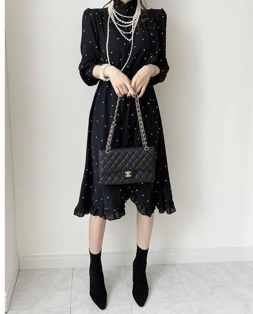 Elegant O-neck ruffle split Printed Women Dress long Sleeve A-line  Female  Dress 2020 Vintage Women Midi Vestidos
