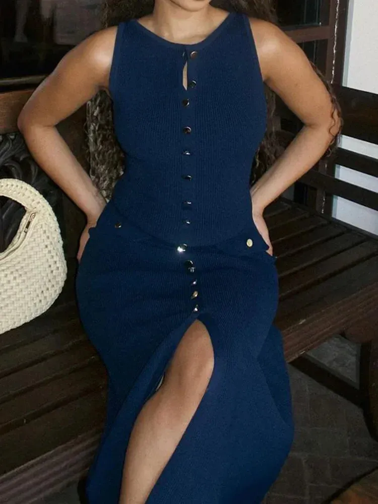 Elegant Single Breasted Knitted Long Dress New Fashion O-Neck Sleeveless Fake Pockets Slim Dresses