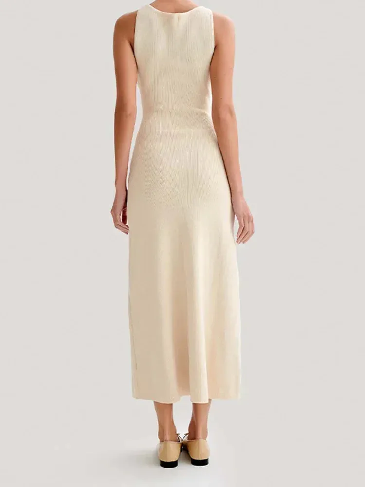 Elegant Single Breasted Knitted Long Dress New Fashion O-Neck Sleeveless Fake Pockets Slim Dresses