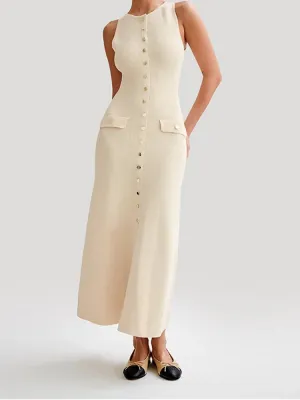 Elegant Single Breasted Knitted Long Dress New Fashion O-Neck Sleeveless Fake Pockets Slim Dresses