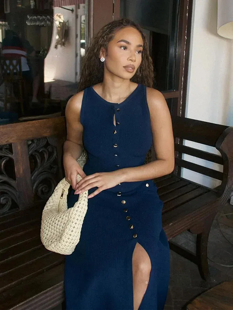 Elegant Single Breasted Knitted Long Dress New Fashion O-Neck Sleeveless Fake Pockets Slim Dresses