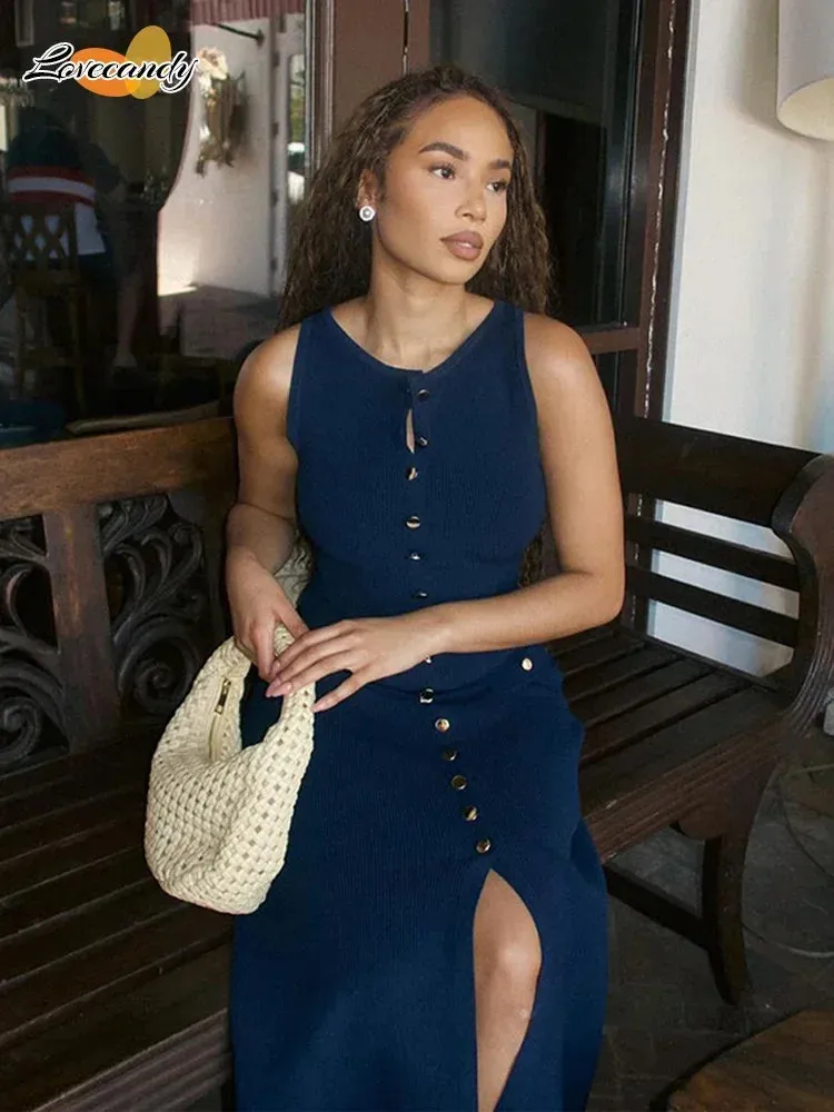Elegant Single Breasted Knitted Long Dress New Fashion O-Neck Sleeveless Fake Pockets Slim Dresses