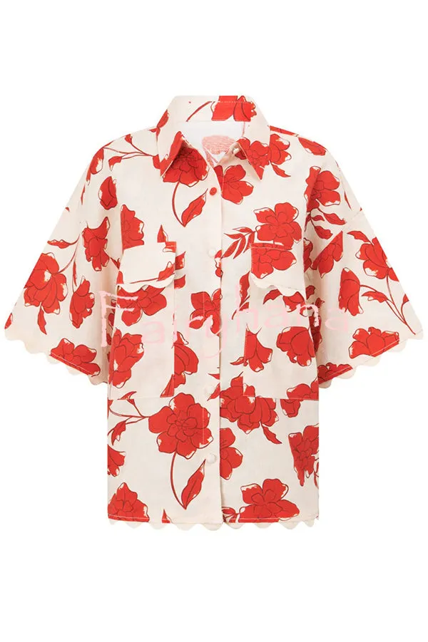 Ellora Linen Blend Floral Wave Trim Short Sleeve Shirt and Belt Pocketed Loose Shorts Set
