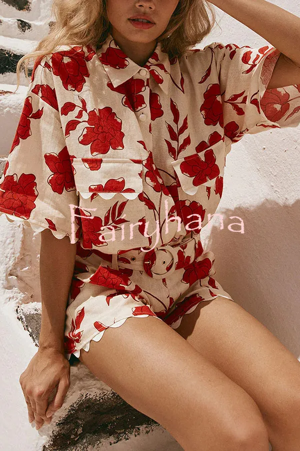 Ellora Linen Blend Floral Wave Trim Short Sleeve Shirt and Belt Pocketed Loose Shorts Set