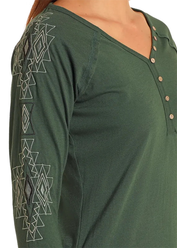 Embroidered Long Sleeve Henley Tee