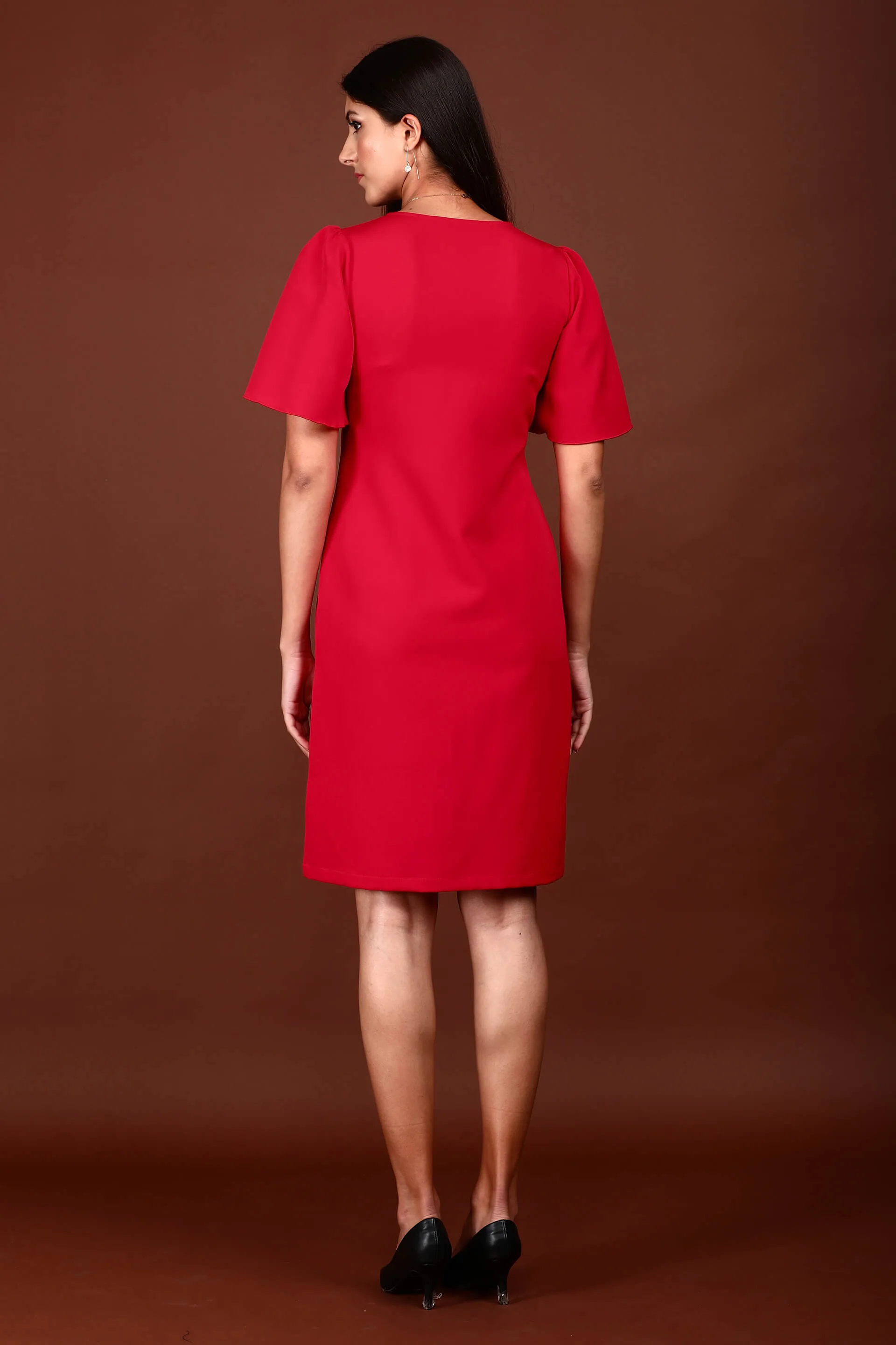 Evelyn Formal-Casual Flutter Sleeve Shift Dress - Red