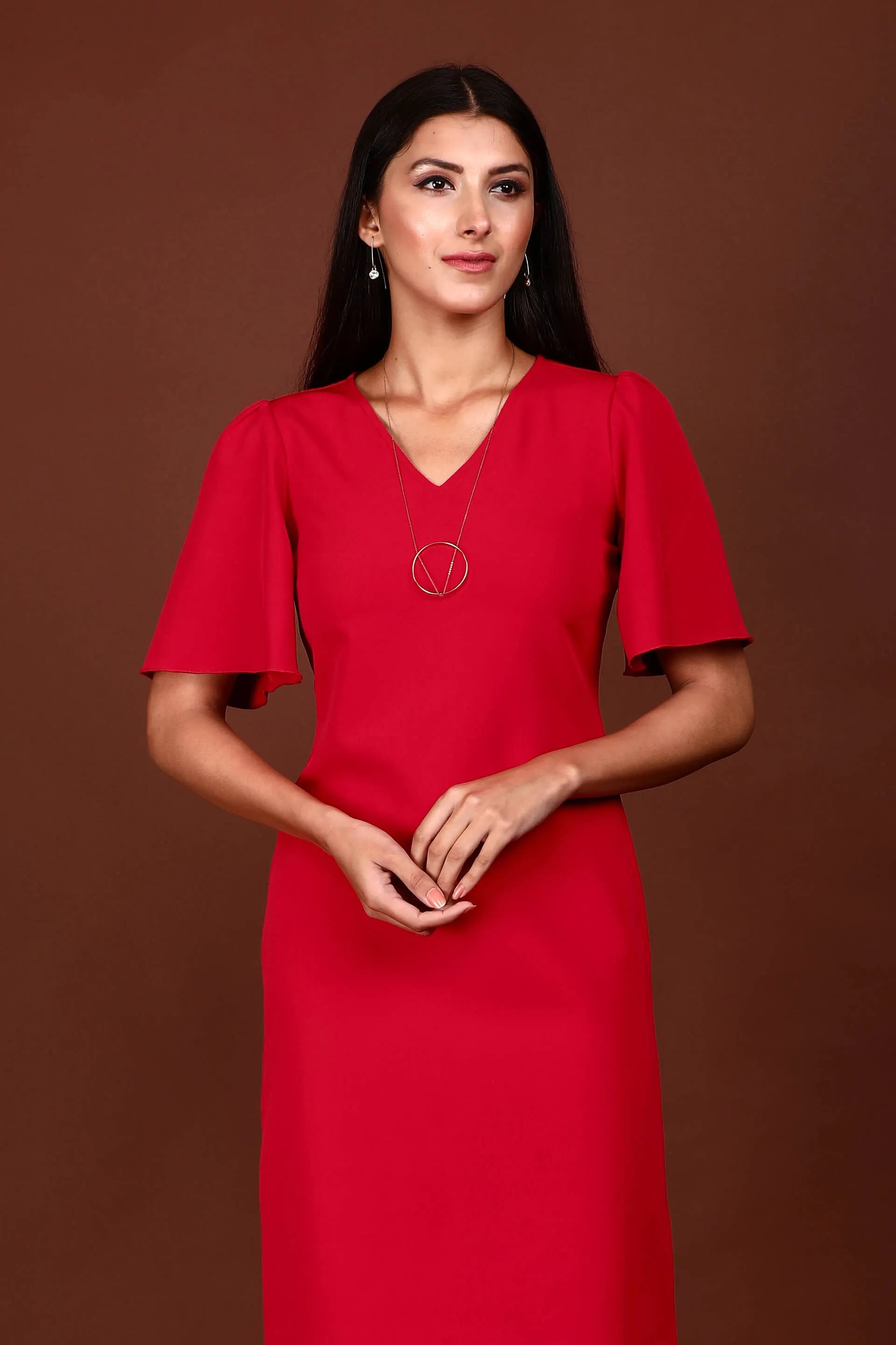 Evelyn Formal-Casual Flutter Sleeve Shift Dress - Red