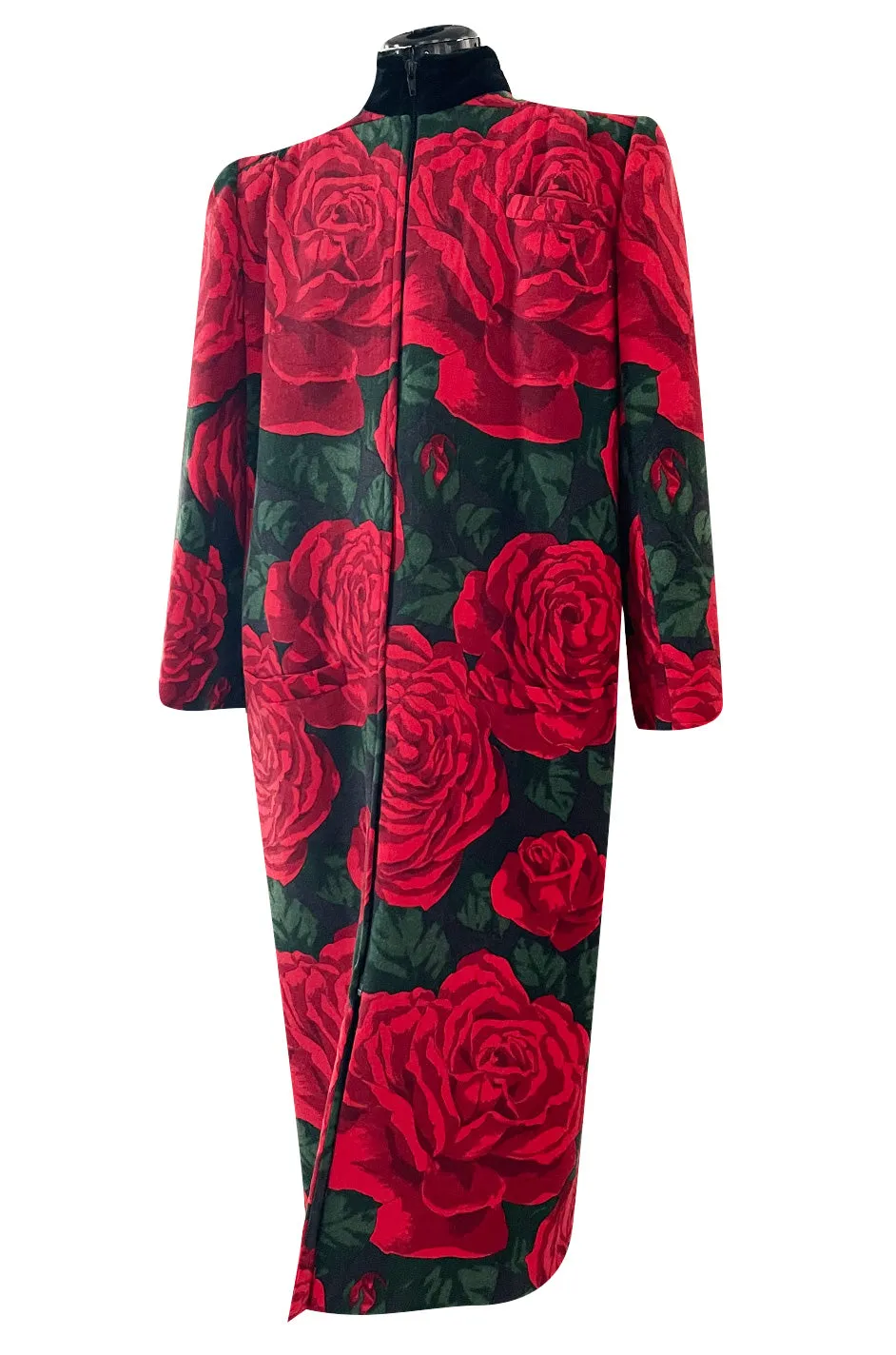 Fall 1985 Valentino Runway Felted Wool & Velvet Trim Over-sized Coat w Huge Rose Print Coat