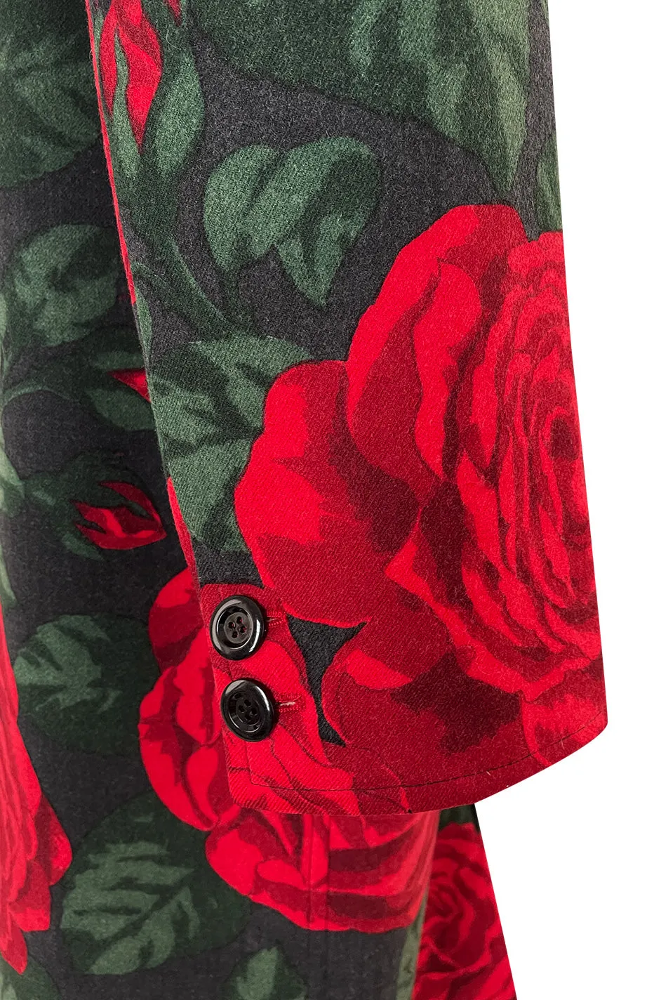 Fall 1985 Valentino Runway Felted Wool & Velvet Trim Over-sized Coat w Huge Rose Print Coat