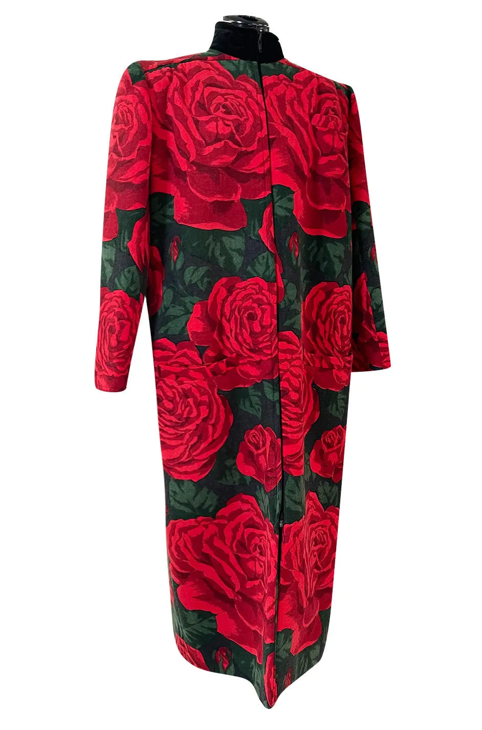 Fall 1985 Valentino Runway Felted Wool & Velvet Trim Over-sized Coat w Huge Rose Print Coat