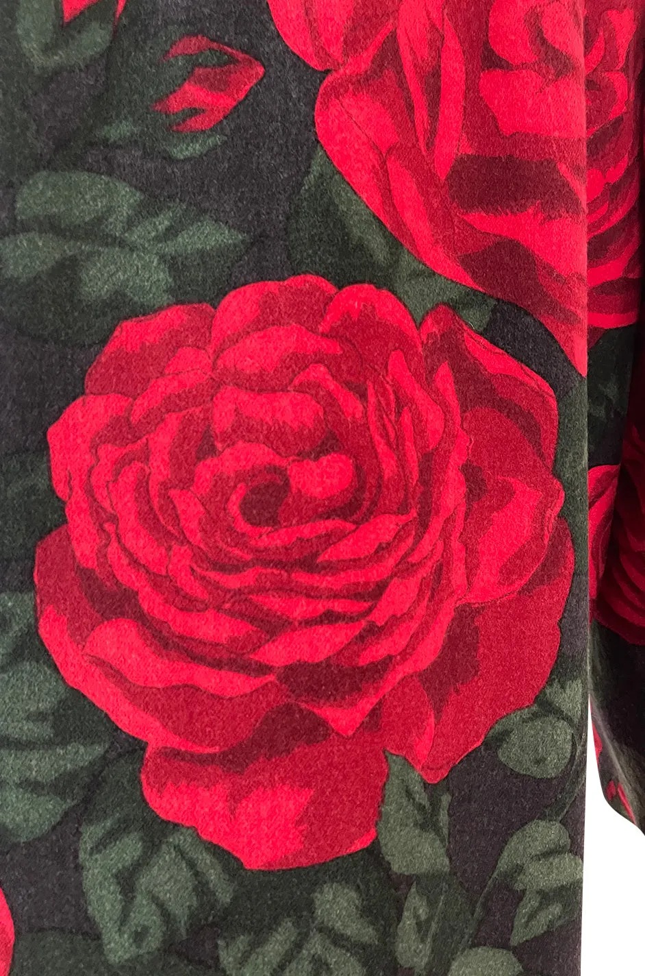 Fall 1985 Valentino Runway Felted Wool & Velvet Trim Over-sized Coat w Huge Rose Print Coat
