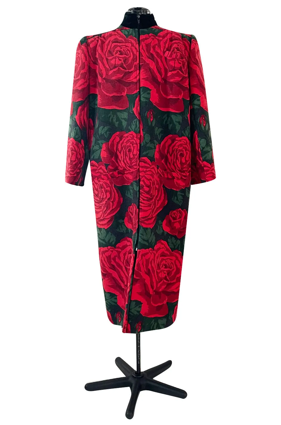 Fall 1985 Valentino Runway Felted Wool & Velvet Trim Over-sized Coat w Huge Rose Print Coat