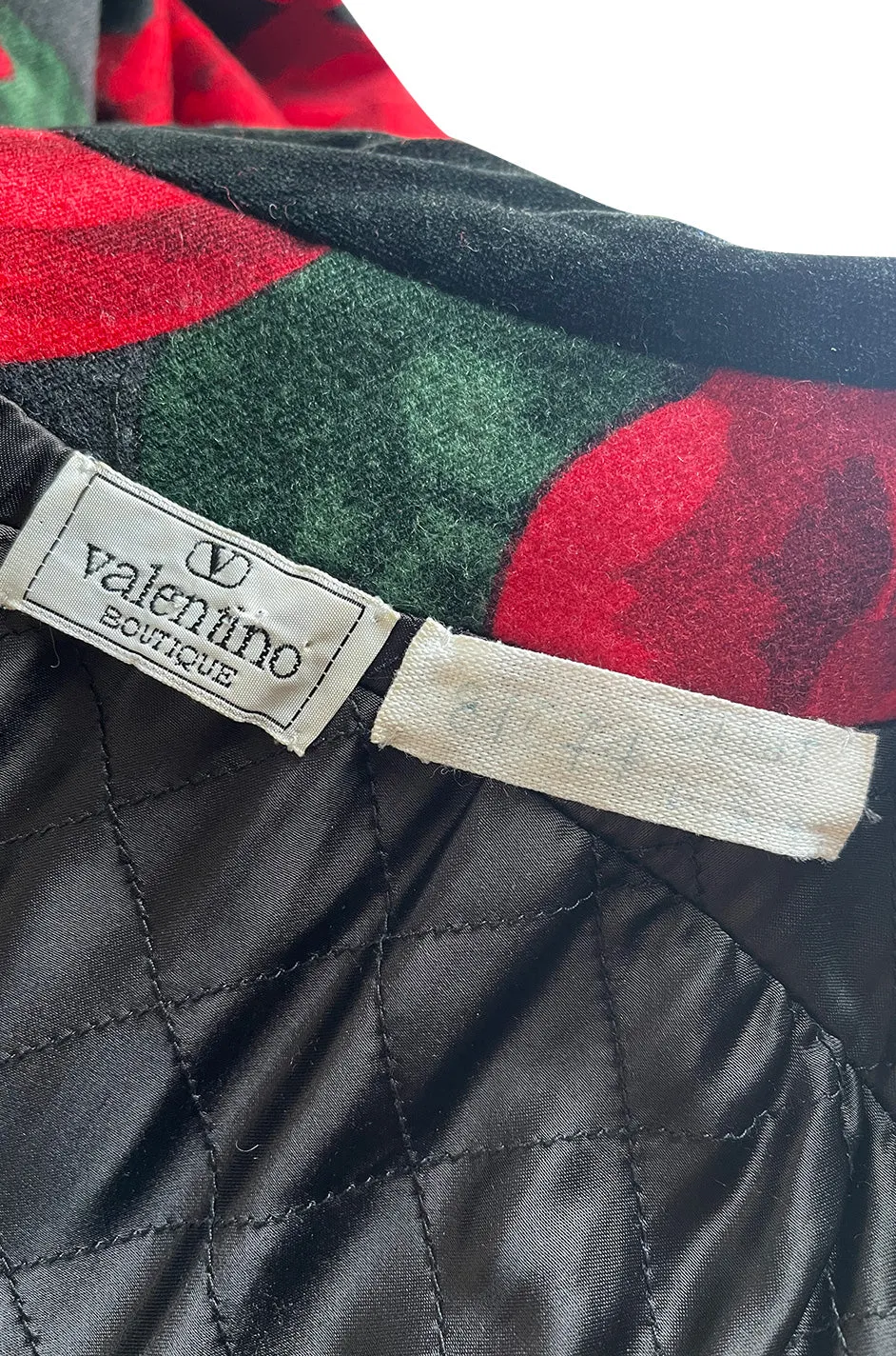 Fall 1985 Valentino Runway Felted Wool & Velvet Trim Over-sized Coat w Huge Rose Print Coat