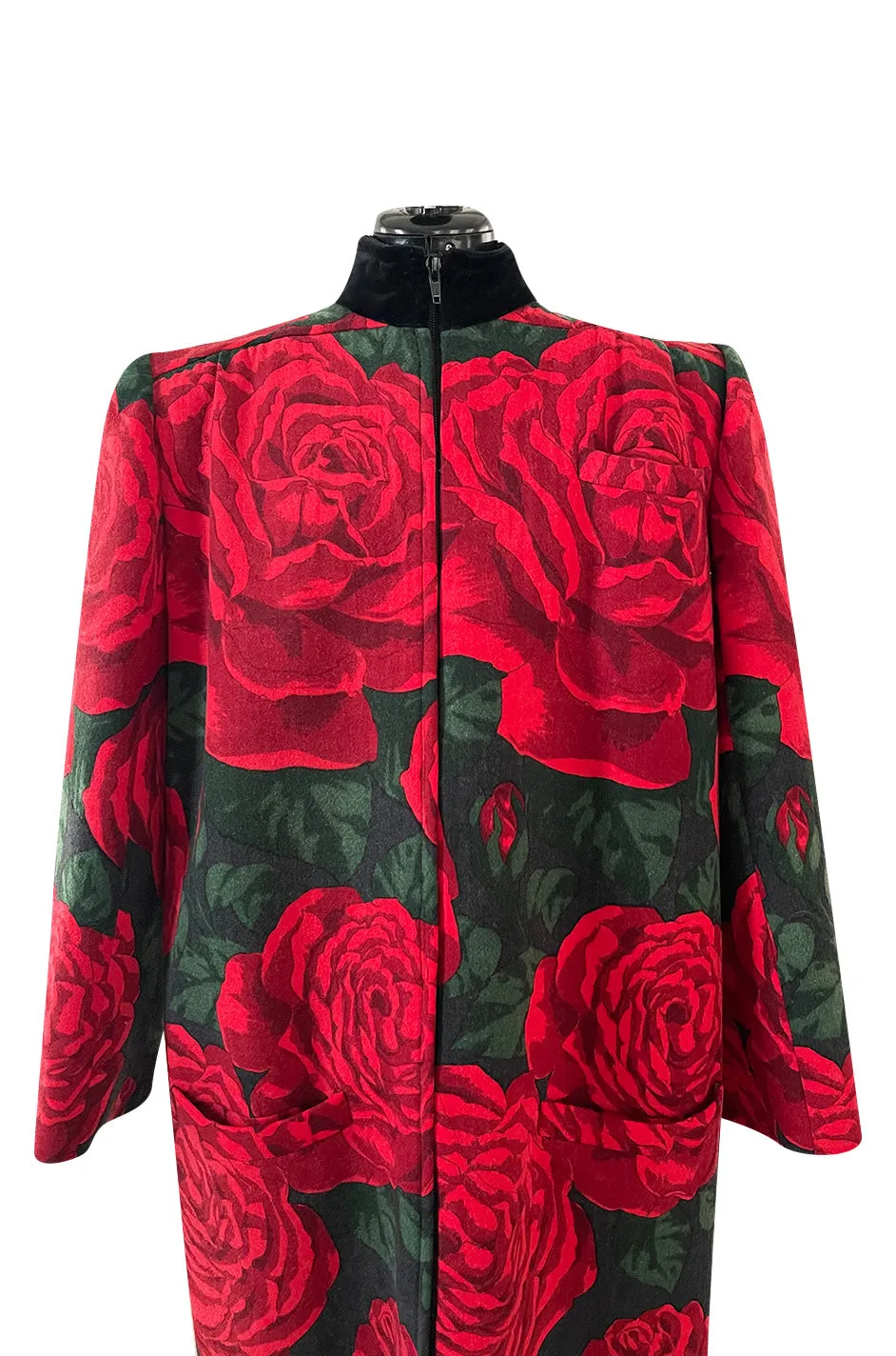 Fall 1985 Valentino Runway Felted Wool & Velvet Trim Over-sized Coat w Huge Rose Print Coat