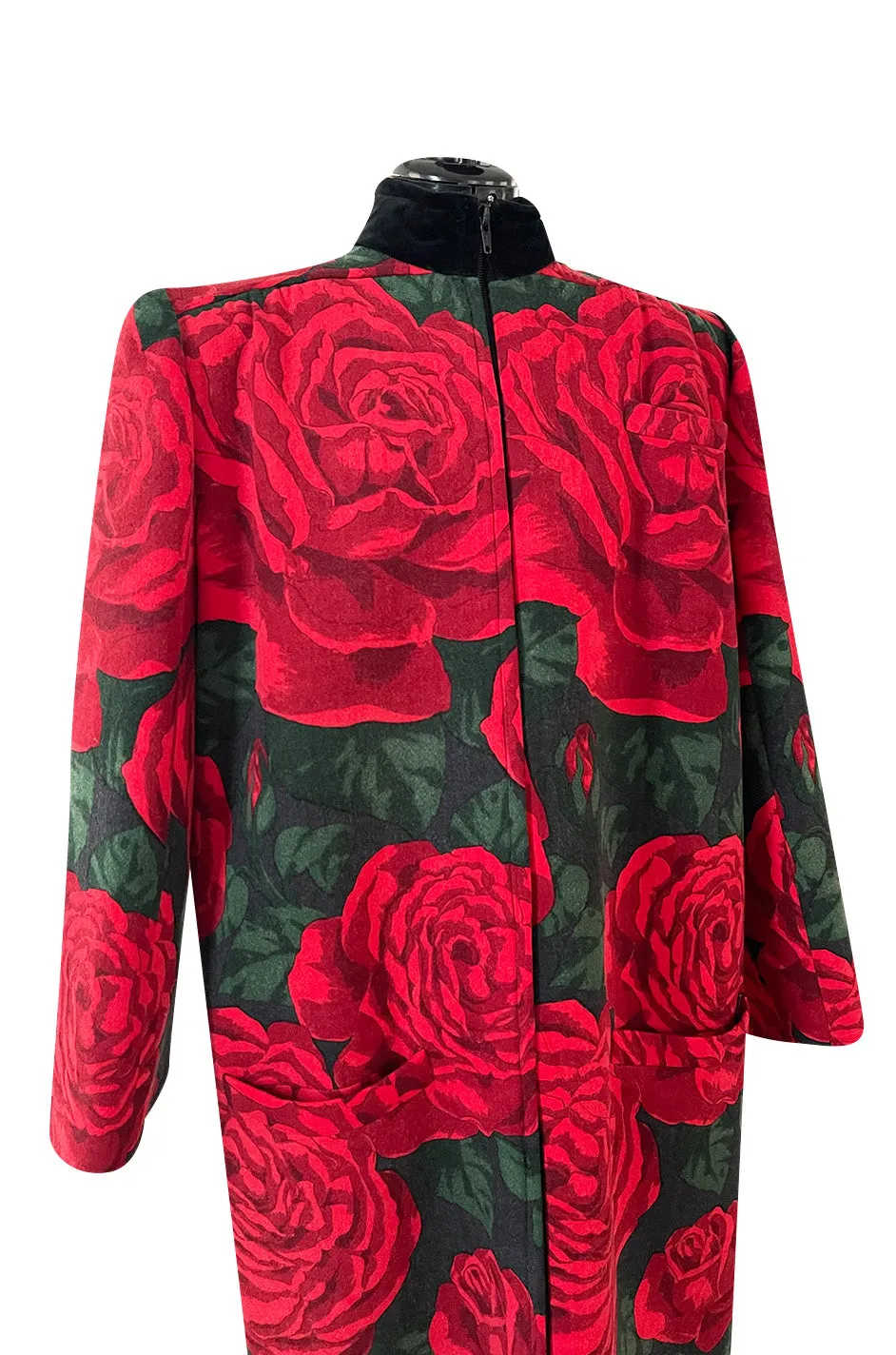 Fall 1985 Valentino Runway Felted Wool & Velvet Trim Over-sized Coat w Huge Rose Print Coat