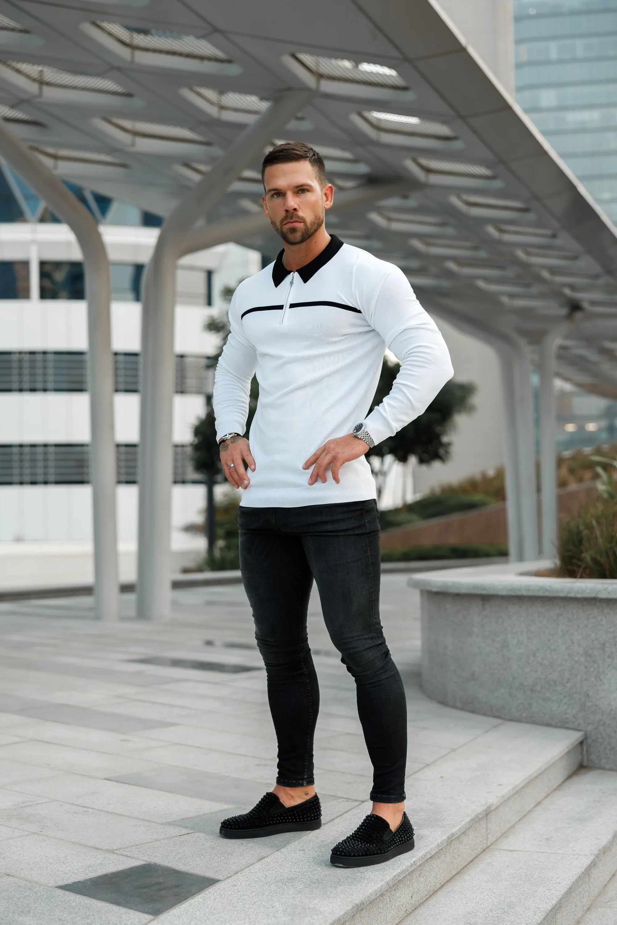 Father Sons Classic White / Black Horizontal Stripe Zipped Polo Long Sleeve - FSN050