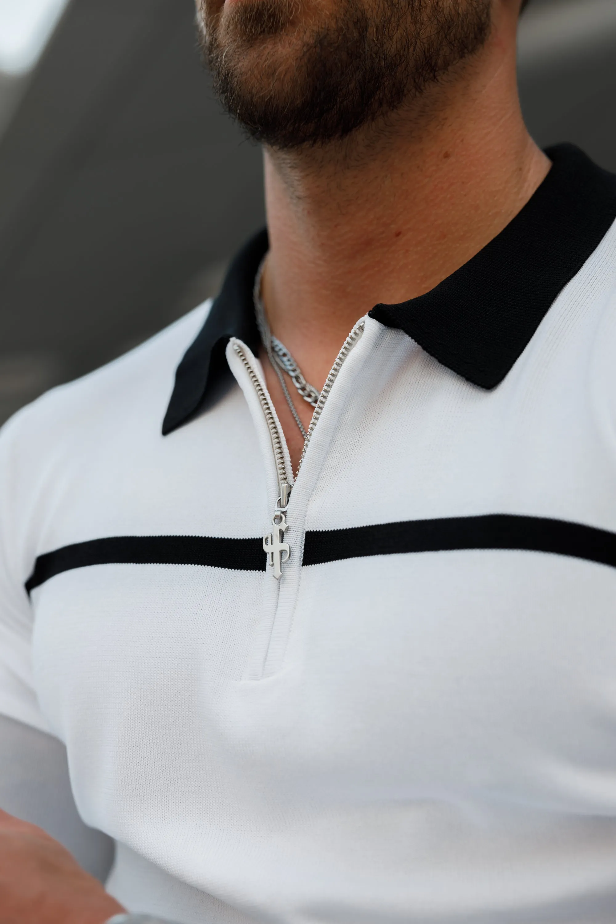 Father Sons Classic White / Black Horizontal Stripe Zipped Polo Long Sleeve - FSN050