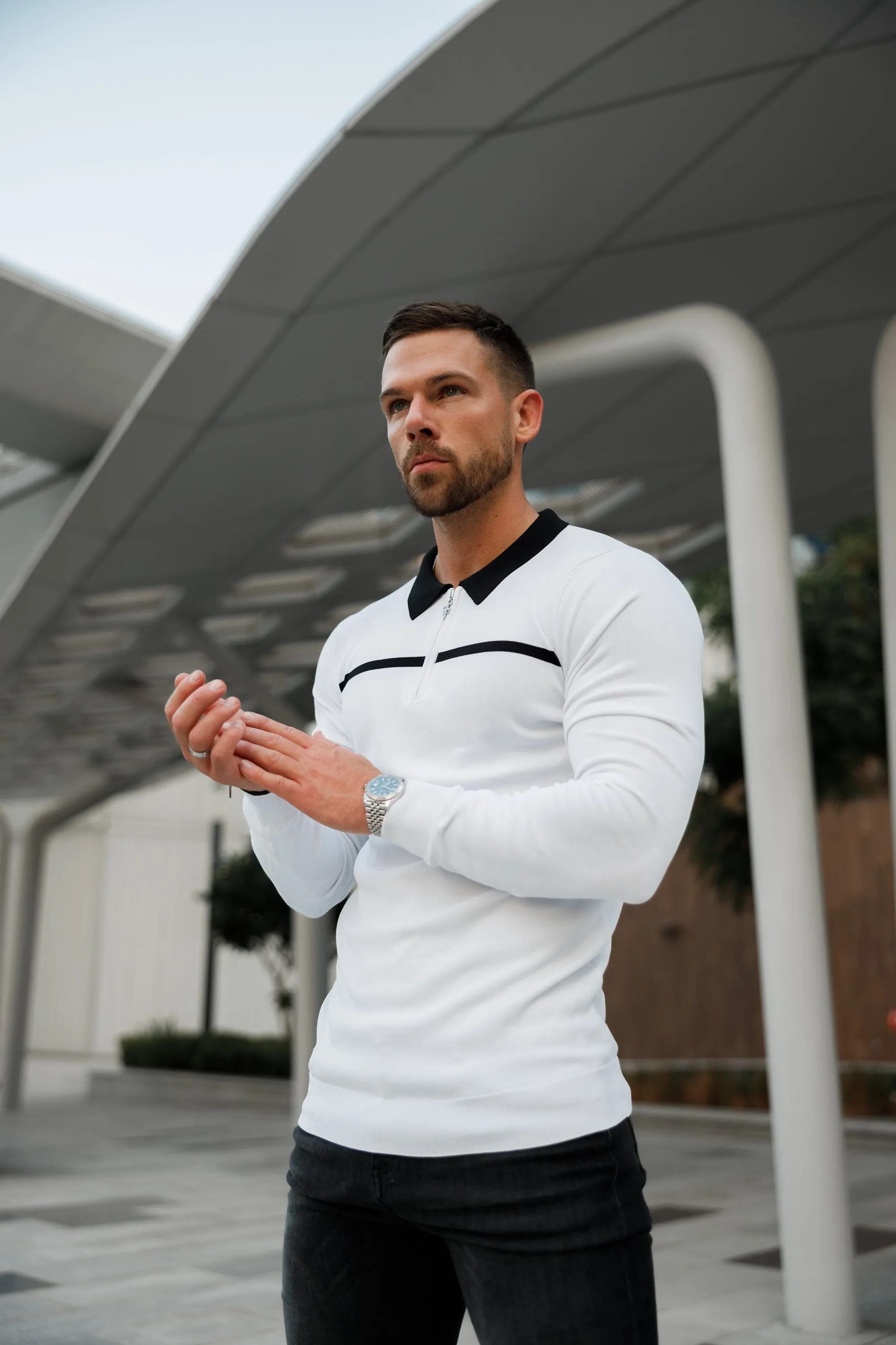 Father Sons Classic White / Black Horizontal Stripe Zipped Polo Long Sleeve - FSN050