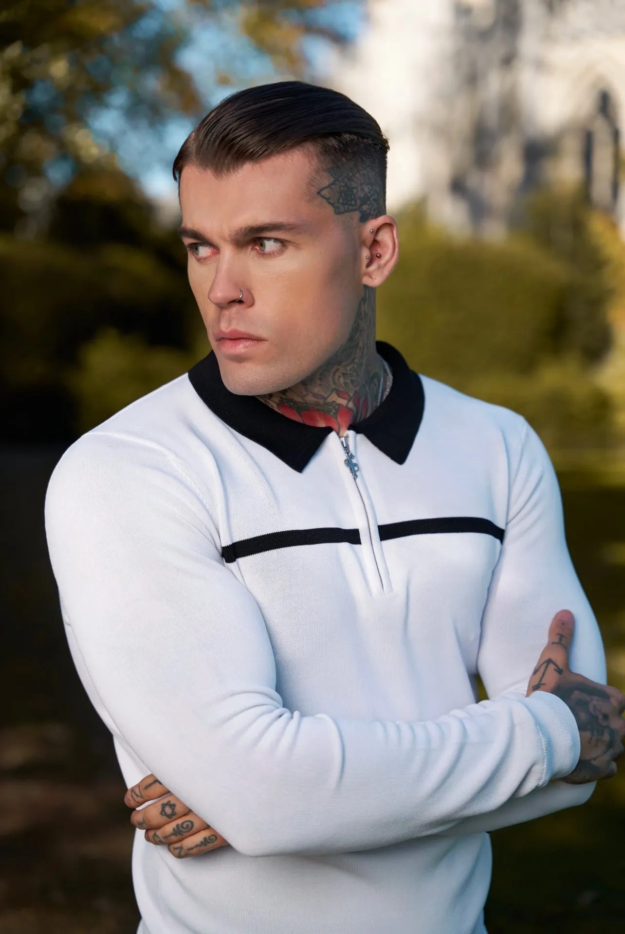 Father Sons Classic White / Black Horizontal Stripe Zipped Polo Long Sleeve - FSN050