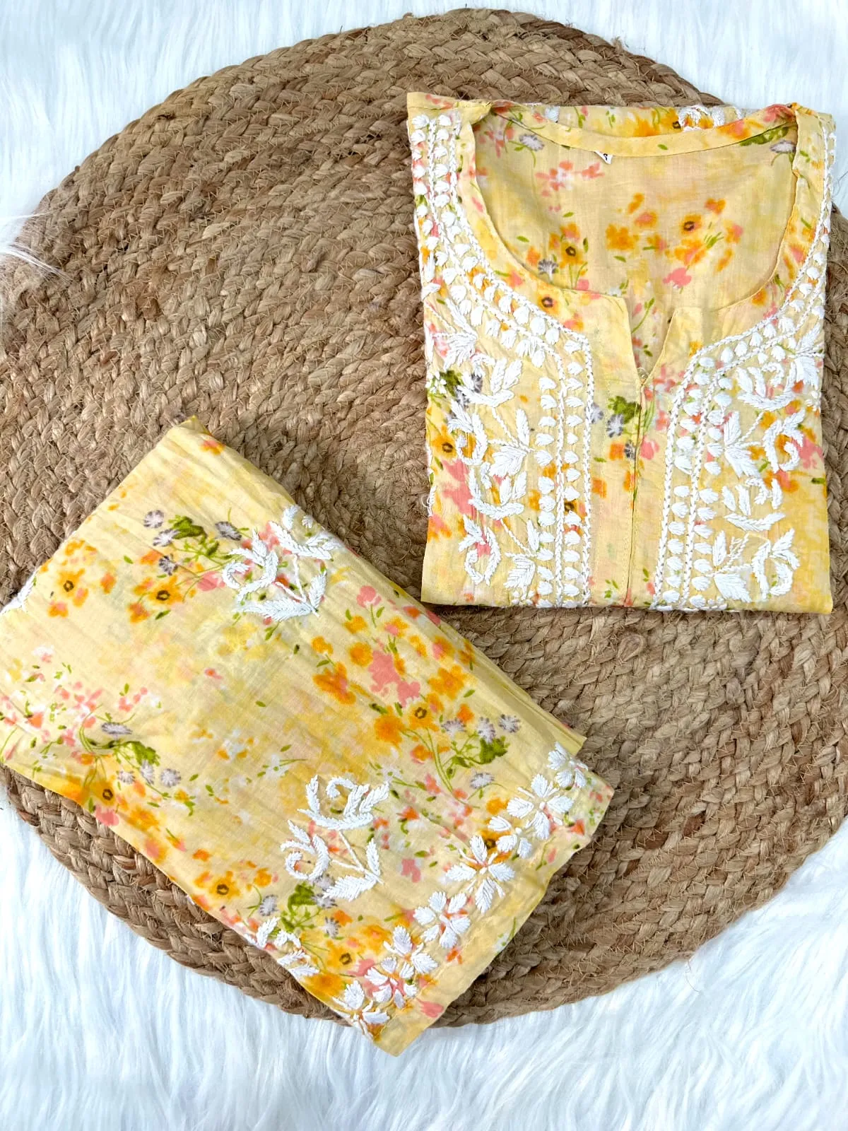 Floral Chikankari cotton Kurti With Pant In Mul Mul Cotton