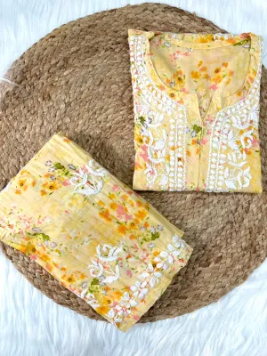 Floral Chikankari cotton Kurti With Pant In Mul Mul Cotton