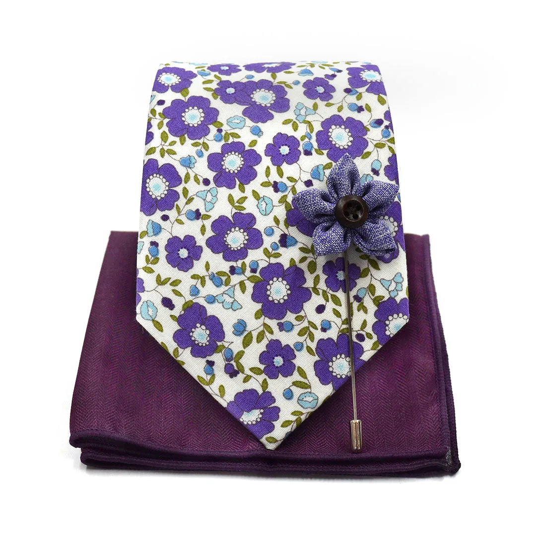 Floral White Lavender Tie Set