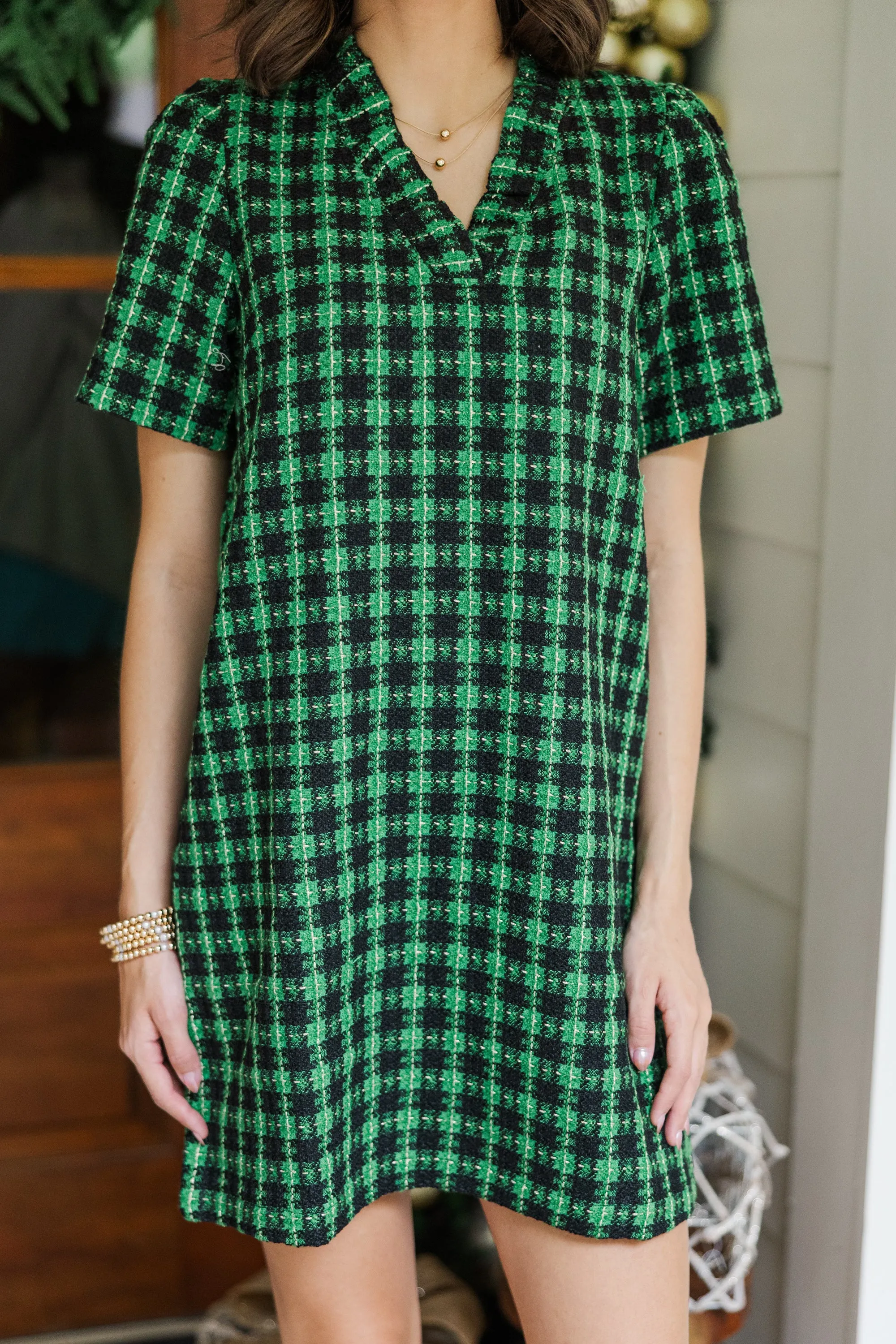 Get What You Need Green & Black Tweed Dress