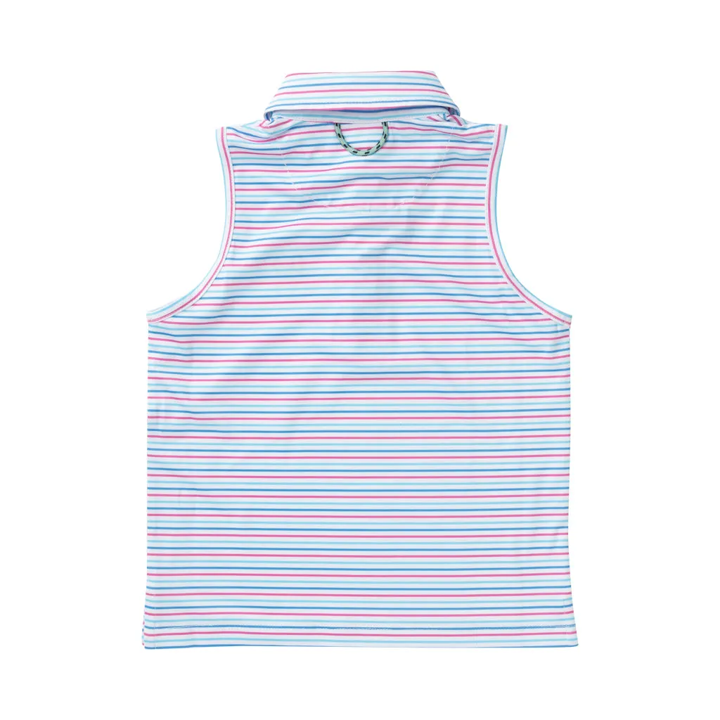 Girls Sleeveless Pro Performance Polo in Strawberry Moon Pink and White Stripe