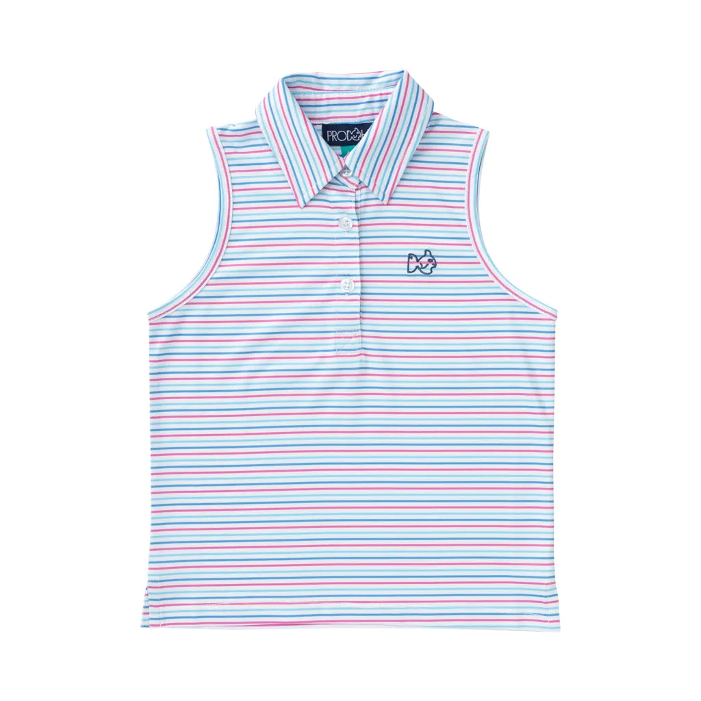 Girls Sleeveless Pro Performance Polo in Strawberry Moon Pink and White Stripe
