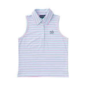 Girls Sleeveless Pro Performance Polo in Strawberry Moon Pink and White Stripe