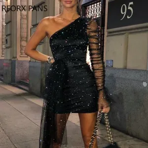 Glitter One Shoulder Sheer Mesh Ruched Long Sleeve Bodycon Dress