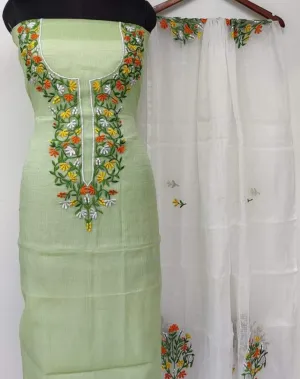 Green And White Kota Doria Embroidered Suit