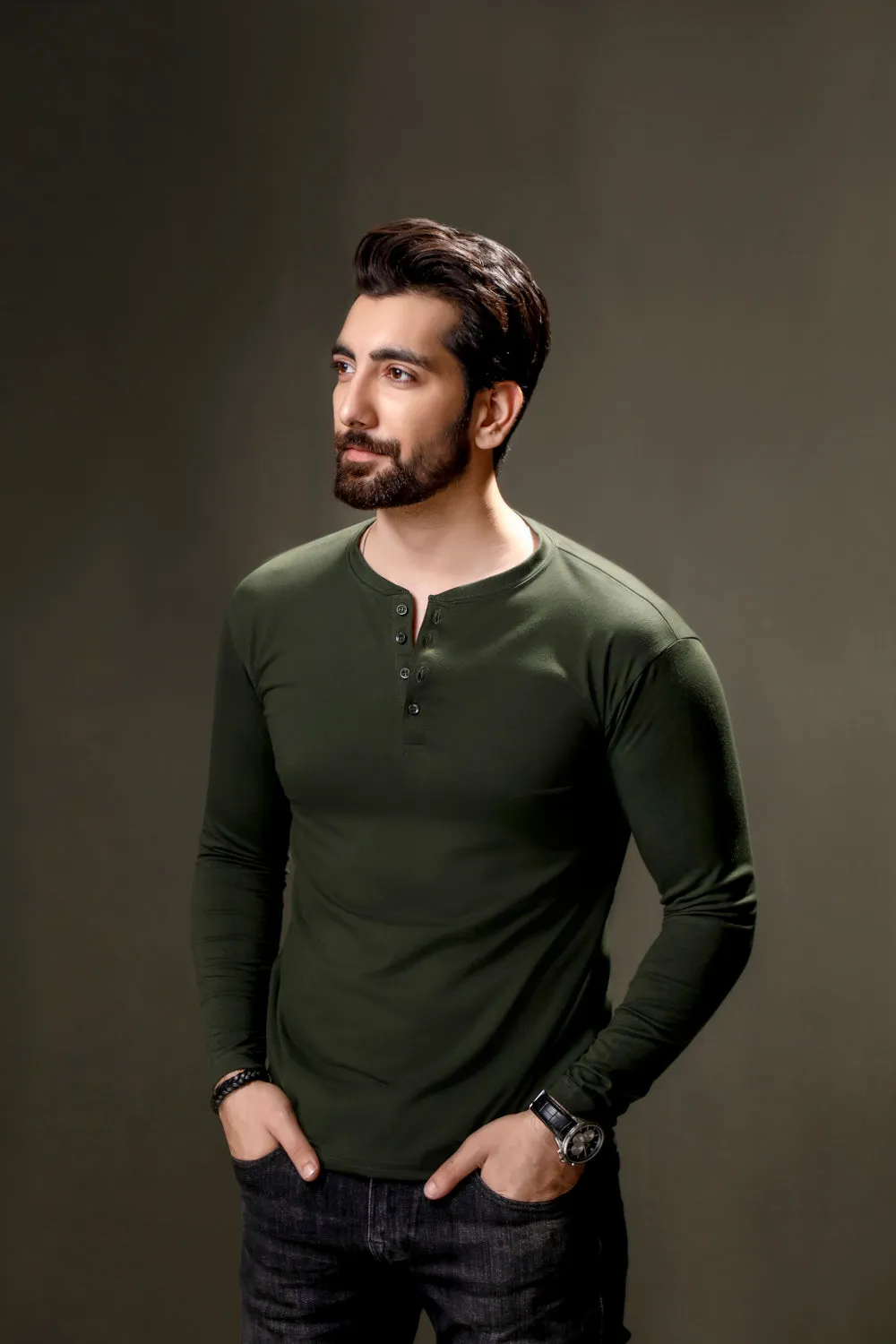 Green Full Sleeves Henley