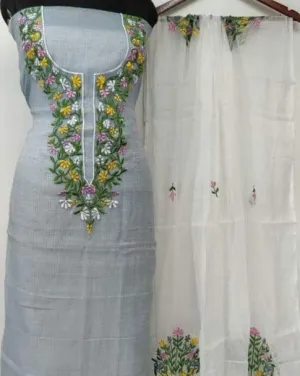 Grey And White Kota Doria Embroidered Suit